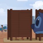  2boys 2girls amugea barefoot beach blue_fur changing_room cloud day hetero highres holding holding_surfboard implied_sex lifeguard_(lilo_&amp;_stitch) lilo_&amp;_stitch multiple_boys multiple_girls outdoors sky stitch_(lilo_&amp;_stitch) surfboard 