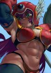  1girl abs armor armpits bikini_armor blue_sky breasts commentary_request dark-skinned_female dark_skin dragon_quest dragon_quest_iii frown gloves gloves_over_elbow_gloves green_eyes helmet highres holding holding_shield holding_sword holding_weapon large_breasts long_hair muscular muscular_female navel pauldrons purple_hair red_armor red_gloves red_helmet satou_toshiyuki scar scar_on_breast scar_on_face scar_on_stomach scratches shield shoulder_armor sky solo stomach sword tan thighhighs torn_clothes v-shaped_eyebrows warrior_(dq3) weapon winged_helmet 