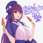  1girl beret blue_hat blue_jacket blue_skirt breasts commentary_request fate/grand_order fate_(series) food hair_between_eyes hat highres jacket jacket_on_shoulders kamo_ashi large_breasts long_hair looking_at_viewer open_mouth popsicle purple_hair red_eyes scathach-skadi_(fate) scathach-skadi_(festival_outfit)_(fate) scathach_(fate) shirt skirt smile watermelon_bar white_shirt 