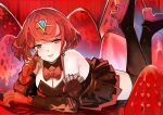  1girl bare_shoulders black_dress black_shoes black_thighhighs bow bowtie breasts cleavage commentary_request detached_sleeves dress food fruit gloves gold_tiara high_heels highres knees_up large_breasts looking_at_viewer lying on_stomach pyra_(xenoblade) red_bow red_bowtie red_eyes red_gloves red_hair red_theme shoes solo strawberry swept_bangs tarbo_(exxxpiation) thighhighs tongue tongue_out xenoblade_chronicles_(series) xenoblade_chronicles_2 