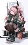  1girl absurdres ambriel_(arknights) arknights bag black_thighhighs blue_halo blush bolt_action commentary food gloves green_gloves green_jacket green_shoes gun hair_ornament halo hand_on_own_cheek hand_on_own_face highres holding jacket lee-enfield long_hair long_sleeves looking_at_viewer one_side_up pink_hair pocky purple_eyes rifle scope shirt shoes side_ponytail sidelocks sitting solo thighhighs thighs weapon white_shirt xun_li_eins 