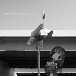  1girl absurdres bob_cut commentary_request cropped_shirt english_text greyscale head_tilt highres monochrome narue off_shoulder original outdoors overpass photo_background road_sign sign solo tattoo upper_body 