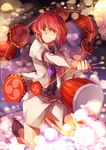  drum drumsticks formal grin highres horikawa_raiko instrument kneeling miniskirt mitsudomoe_(shape) necktie purple_neckwear red_eyes red_hair skirt smile solo suit sunyuqian tomoe_(symbol) touhou 