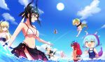  6+girls alternate_costume ball bare_legs bare_shoulders beach beach_umbrella beachball bikini black_bikini black_hair blonde_hair blue_eyes blue_hair blue_one-piece_swimsuit blue_sky blush breasts chamber_dragonmaid cleavage cloud collarbone commentary_request day dragon_girl dragon_horns dragon_tail dragon_wings duel_monster frilled_bikini frills green_bikini green_eyes green_hair grey_hair highres horns house_dragonmaid jewelry kitchen_dragonmaid lady's_dragonmaid large_breasts laundry_dragonmaid long_hair looking_at_another looking_at_viewer looking_back mago_dream medium_breasts multiple_girls navel nurse_dragonmaid ocean one-piece_swimsuit open_mouth orange_eyes outdoors parlor_dragonmaid pink_hair pink_one-piece_swimsuit ponytail red_hair red_nails sky smile stomach sweat swim_ring swimsuit tail umbrella water white_bikini wings yellow_eyes yu-gi-oh! 
