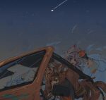  4girls absurdres angelina_(arknights) angelina_the_mellow_wish_(arknights) animal_ear_fluff animal_ears arknights black_hairband bracelet brown_hair car commentary fingerless_gloves fox_ears fox_girl gloves hairband highres infection_monitor_(arknights) jacinta_(arknights) jewelry long_hair motor_vehicle multiple_girls night one_eye_closed orange_gloves outdoors pink_eyes pink_hair rabbit_ears rabbit_girl shooting_star sky star_(sky) starry_sky thumpy_(arknights) timeslot_(arknights) twintails zxjv 