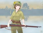 1girl ammunition_pouch arisaka bolt_action brown_hair closed_mouth commentary_request forest gloves green_jacket grey_eyes gun helmet highres holding holding_gun holding_weapon imperial_japanese_army jacket knife looking_at_viewer military_uniform nature original outdoors pouch rifle scabbard sheath short_hair sino_(mechanized_gallery) solo water weapon white_gloves world_war_ii 