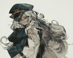  1girl ahab_(project_moon) breasts cleavage cleavage_cutout clothing_cutout collared_shirt drooling gq40415378 grey_hair hat highres limbus_company long_hair one_eye_closed peaked_cap project_moon shirt simple_background solo very_long_hair white_background white_shirt 