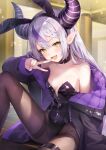  1girl :d absurdres animal_ears black_choker black_hairband black_jacket black_leotard black_pantyhose braid braided_bangs breasts choker commentary_request fake_animal_ears grey_hair hairband highres hololive horns izumi_kei jacket la+_darknesss leotard long_hair multicolored_hair nail_polish open_clothes open_jacket open_mouth pantyhose playboy_bunny plunging_neckline pointy_ears purple_jacket purple_nails purple_streaks rabbit_ears small_breasts smile solo strapless strapless_leotard streaked_hair two-sided_fabric two-sided_jacket v very_long_hair virtual_youtuber yellow_eyes 