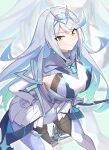  1girl aegis_sword_(xenoblade) armpit_cutout breasts brown_pantyhose closed_mouth clothing_cutout commentary_request core_crystal_(xenoblade) cowboy_shot dress earrings elbow_gloves gloves gradient_hair grey_hair hand_on_own_hip highres holding holding_sword holding_weapon jewelry large_breasts long_hair looking_at_viewer multicolored_hair mythra_(switch_2)_(xenoblade) mythra_(xenoblade) official_alternate_hair_color osora_(judithandlilith) pantyhose short_dress silver_tiara smile solo swept_bangs sword thighhighs tiara two-tone_hair weapon white_dress white_gloves white_thighhighs xenoblade_chronicles_(series) xenoblade_chronicles_2 yellow_eyes 
