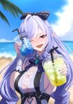  1girl absurdres beach blue_sky blush bow braid breasts cleavage cleavage_cutout clothing_cutout commentary cup day disposable_cup fingernails fuyuame5089 hair_between_eyes hair_bow heart_cutout highres holding holding_cup long_hair looking_at_viewer medium_breasts mole mole_under_eye nail_polish official_alternate_costume one-piece_swimsuit one_eye_closed open_mouth outdoors pointy_ears purple_bow purple_nails red_eyes sideboob sky sleeveless solo swimsuit upper_body vivian_banshee vivian_banshee_(iris_of_the_shore) zenless_zone_zero 