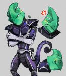  1boy anger_vein armor belt bodysuit chameleon chameleon_boy closed_mouth colored_skin commentary_request crossed_arms curled_tail elbow_gloves gloves green_skin grey_background highres holster knee_pads leon_powalski long_sleeves looking_at_viewer male_focus mu_(mu_963) multiple_views no_humans nose orange_eyes parted_lips profile sharp_teeth shoulder_pads simple_background smirk solo star_fox star_fox_assault suit teeth thigh_holster white_belt white_gloves 