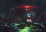  1girl aqua_hair black_boots blurry blurry_background boots brown_boots brown_cape cape check_copyright closed_mouth commentary_request copyright_request dark dress full_body glowing glowing_eyes green_eyes green_liquid grey_dress hand_on_own_knee highres horror_(theme) jun_(navigavi) knees_up long_hair long_sleeves looking_at_viewer multicolored_boots nose original outdoors red_eyes sitting solo staff tentacles twintails two-tone_boots wide_shot 