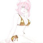  1girl :d absurdres bare_arms bare_legs bare_shoulders barefoot bikini breasts commentary flower gold_bikini green_eyes hair_between_eyes hair_flower hair_ornament hanazono_hakari hand_on_own_cheek hand_on_own_face hand_on_own_foot highres kimi_no_koto_ga_dai_dai_dai_dai_daisuki_na_100-nin_no_kanojo large_breasts looking_at_viewer navel open_mouth pink_hair short_hair side-tie_bikini_bottom simple_background sitting smile solo stomach swimsuit syuuka617 triangle_bikini_top white_background 