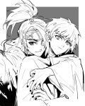  2boys absurdres akatsuki_uniform asymmetrical_bangs bad_source border closed_mouth deidara_(naruto) dixieyyds eyepatch forehead_protector grey_background high_ponytail highres hug hug_from_behind long_hair looking_at_viewer male_focus medium_hair monochrome multiple_boys nail_polish naruto_(series) naruto_shippuuden ponytail robe short_hair simple_background sketch smile white_border yaoi 