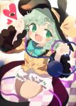  1girl absurdres animal_ears black_hat bloomers blush bow bowtie buttons collared_shirt commentary diamond_button disembodied_linked_eye eyeball fangs frilled_shirt_collar frilled_sleeves frills green_bow green_bowtie green_eyes green_hair hat hat_bow heart highres komeiji_koishi leg_up long_sleeves looking_at_viewer medium_hair open_mouth paw_pose rabbit_ears shirt skin_fangs smile solo toroid_(621997) touhou untranslatable_commentary white_bloomers wide_sleeves yellow_bow yellow_shirt 