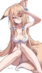  1girl absurdres animal_ear_fluff animal_ears arm_support arm_up armpits aruota barefoot bikini breasts cleavage collarbone commentary_request flower fox_ears fox_girl fox_tail front-tie_bikini_top front-tie_top hair_flower hair_ornament highres knees_together_feet_apart original sitting solo swimsuit tail white_bikini 