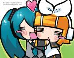  =_= aqua_hair blonde_hair blush blush_stickers bow chibi chibi_only commentary english_commentary english_text girluppi hachune_miku hair_ornament hairclip hatsune_miku headphones heart highres hug kagamine_rin parallel_hairclips parody style_parody triangle_mouth vocaloid white_bow 