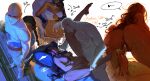  1boy 1girl aang absurdres aisatsaa arrow_(symbol) arrow_tattoo ass avatar_aang:_the_last_airbender avatar_legends bald blue_tattoo brown_hair couple cum cum_in_pussy cum_string fundoshi fundoshi_pull hand_in_another's_pants head_tattoo hetero highres hug hug_from_behind japanese_clothes katara male_pubic_hair missionary on_bed pubic_hair sequential sex tattoo undressing_another vaginal 