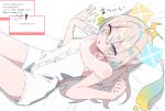  1girl adachi_kasuka antenna_hair bare_arms bare_shoulders blonde_hair blue_eyes blush buttons commentary_request cowboy_shot double-parted_bangs dress fanning_self gradient_hair hair_between_eyes hair_intakes hands_up heterochromia highres hot leur_(voisona) long_hair looking_at_viewer lying marshmallow_(site) motion_lines multicolored_hair on_back open_mouth reference_inset short_dress solo strap_slip sweat sweatdrop voisona white_dress yellow_eyes 