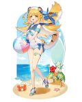  1girl absurdres alternate_costume animal_ear_fluff animal_ears ball beach beachball blue_bow blue_neckerchief blue_sailor_collar bow calm_calm commentary_request crab flower full_body green_eyes hat high_heels highres holding holding_ball holding_beachball ju_fufu korean_commentary long_hair looking_at_viewer neckerchief ocean sailor_collar smile striped_hair tail tail_bow tail_ornament thigh_strap tiger_ears tiger_girl tiger_stripes tiger_tail white_hat zenless_zone_zero 