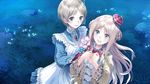  :d atelier_(series) atelier_meruru blonde_hair blue_eyes blush bow braid brown_hair cape crown floral_print flower frills game_cg gem hair_bow half_updo kaena_swaya kishida_mel long_hair looking_at_viewer merurulince_rede_arls mini_crown multiple_girls night official_art open_mouth pinstripe_pattern red_bow short_hair smile striped 