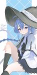  1girl absurdres ahoge ankle_boots black_boots black_skirt blue_background blue_eyes blue_hair boots braid commentary crossed_bangs feet_out_of_frame hair_between_eyes hand_on_own_ankle hat highres invisible_chair knee_up large_hat long_hair long_sleeves looking_at_viewer miniskirt mushoku_tensei parted_lips rhsiang roxy_migurdia shirt signature sitting skirt solo thighs twin_braids two-tone_background very_long_hair white_background white_shirt witch_hat 