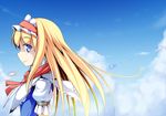  alice_margatroid alternate_hairstyle anni_minto blonde_hair blue_eyes capelet cloud day from_side hairband highres long_hair sky solo touhou 