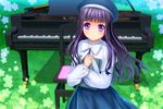  beret blush book book_hug cardcaptor_sakura daidouji_tomoyo grand_piano hat highres holding holding_book instrument long_hair looking_at_viewer mutsuki_(moonknives) piano piano_bench purple_eyes purple_hair smile solo 