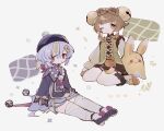  2girls aqua_shorts bag bandaged_leg bandages bead_necklace beads bell black_dress black_shoes blunt_bangs boots bow-shaped_hair braid braided_ponytail brown_bag brown_eyes brown_hair cape chinese_clothes closed_mouth coin_hair_ornament crossed_bangs dress expressionless frilled_sleeves frills fur-trimmed_boots fur_trim genshin_impact gold_trim gradient_sleeves green_jacket hair_bell hair_between_eyes hair_ornament hat high_heels highres jacket jewelry jingle_bell long_hair long_sleeves looking_at_viewer mandarin_collar medium_hair multiple_girls necklace nodori710 ofuda ofuda_on_head one_eye_closed orb pom_pom_(clothes) puffy_long_sleeves puffy_sleeves purple_cape purple_dress purple_eyes purple_hair purple_hat qingdai_guanmao qipao qiqi_(genshin_impact) shoes short_shorts shorts sidelocks simple_background single_braid sitting stuffed_animal stuffed_rabbit stuffed_toy tassel thighhighs very_long_braid very_long_hair wariza white_background white_boots white_thighhighs wide_sleeves yaoyao_(genshin_impact) yin_yang yin_yang_orb yuegui_(genshin_impact) 