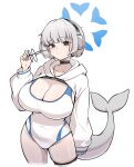  1girl absurdres blue_archive blue_halo breasts cetacean_tail commentary competition_swimsuit fins fish_tail glasses grey-framed_eyewear grey_hair halo headphones highres hooded_shrug kotone_(blue_archive) large_breasts multicolored_one-piece_swimsuit one-piece_swimsuit round_eyewear shidal_06 shrug_(clothing) simple_background swimsuit tail white_background white_one-piece_swimsuit white_shrug 