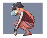 1girl animal_ear_headwear black_hat blowing_bubble_gum blue_background blue_eyes bodysuit border chewing_gum commentary evangelion:_3.0_you_can_(not)_redo from_side full_body hat hat_pin jacket long_hair looking_at_viewer looking_to_the_side mecha_pilot_suit neon_genesis_evangelion newsboy_cap orange_hair outside_border plugsuit_(evangelion) rebuild_of_evangelion red_bodysuit red_jacket sashimi_(sasihmi) simple_background solo souryuu_asuka_langley squatting track_jacket white_border 