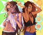  1girl 2boys 2others alien_stage black_choker black_tank_top breasts brown_hair choker commentary crop_top dark-skinned_female dark_skin dewey_(alien_stage) english_commentary eyewear_in_mouth finger_heart grey_eyes highres hyuna_(alien_stage) isaac_(alien_stage) long_hair mouth_hold multiple_boys multiple_others navel official_alternate_costume smile sun sunglasses sunnyirry sweat tank_top thumbs_up very_long_hair white_tank_top 
