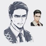  1boy 4indroid clenched_teeth commentary english_commentary grey_background limbus_company male_focus meursault_(project_moon) monochrome necktie official_art_inset project_moon reference_inset simple_background solo sweatdrop teeth 