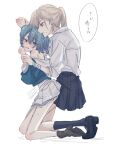  2girls aquarium_wa_odoranai bandaged_wrist bandages black_shoes black_skirt black_socks blonde_hair blue_eyes blue_hair blue_shirt collared_shirt commentary_request highres holding_another's_wrist kneehighs leg_between_thighs long_hair multiple_girls pleated_skirt ponytail red_eyes retro_(aquarium_wa_odoranai) sakizome school_uniform serafuku shirt shoes short_hair simple_background skirt socks speech_bubble suze_(aquarium_wa_odoranai) translation_request white_background white_shirt white_skirt yuri 
