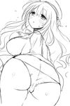  ass atago_(kantai_collection) blush breasts cameltoe cowboy_shot greyscale hat kantai_collection large_breasts long_hair looking_back monochrome mozuya_murasaki panties simple_background solo underwear white_background 