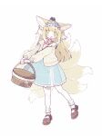  1girl animal_ears arknights basket blonde_hair blue_hairband blue_skirt brown_shoes chinese_commentary commentary_request fox_ears fox_girl fox_tail frilled_hairband frills full_body green_eyes hairband heixiu highres holding holding_basket kitsune long_hair long_sleeves looking_at_viewer multiple_tails neck_ribbon official_alternate_costume open_mouth picnic_basket red_ribbon ribbon shirt shoes simple_background skirt socks solo standing suzuran_(arknights) suzuran_(spring_praise)_(arknights) tail the_legend_of_luo_xiaohei white_045 white_shirt white_socks 