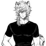  1boy ^_^ animal_ear_fluff animal_ears arknights closed_eyes closed_mouth commentary english_commentary facing_viewer greyscale hair_between_eyes happy male_focus monochrome self-upload shirt short_sleeves silverash_(arknights) simple_background smile snow_leopard_boy snow_leopard_ears snow_leopard_tail solo tail upper_body white_background wrweider64 