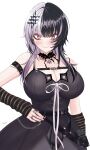 1girl absurdres alternate_breast_size_(larger) arm_strap arm_warmers artist_name bare_shoulders belt black_arm_warmers black_belt black_dress black_eyeliner black_hair black_nails breasts cleavage closed_mouth collarbone commentary dress dress_ribbon eyeliner hair_intakes highres hololive hololive_english jewelry kasutera_mikan large_breasts long_hair makeup multicolored_hair multiple_rings nail_polish ribbon ring shiori_novella shiori_novella_(1st_costume) simple_background sleeveless sleeveless_dress solo split-color_hair streaked_hair striped_arm_warmers two-tone_hair white_background white_hair white_ribbon yellow_eyes 