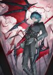  1boy absurdres aqua_eyes aqua_hair arknights arknights:_endfield bat_(animal) black_jacket black_pants blood blood_halo camille_(arknights) closed_mouth commentary elbow_gloves gloves halo hand_in_pocket highres holding holding_polearm holding_weapon ichira jacket liquid_halo multicolored_hair neck_tattoo pants pinstripe_jacket pinstripe_pattern pointy_ears polearm red_gloves short_hair single_elbow_glove solo streaked_hair tattoo two-tone_hair vampire weapon wings 