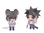  2boys absurdres aged_down animal_ears black_eyes black_hair black_shoes blue_pants brown_shoes character_name chibi chibi_only commentary dog_boy dog_ears dog_tail false_memory guan_chao_(false_memory) guan_chao_(teenager)_(false_memory) hair_between_eyes hair_down handheld_game_console he_mingshuo high_collar highres holding holding_handheld_game_console holding_stick jacket looking_at_viewer male_focus medium_hair mouse_boy mouse_ears mouse_tail multiple_boys open_clothes open_jacket pants print_jacket renlei_zhilixingzou shirt shoes simple_background sleeves_rolled_up spiked_hair stick tail track_jacket untranslatable_commentary white_background white_jacket white_shirt wing_print wings zipper zipper_pull_tab 