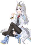  1girl ahoge animal_ears black_pantyhose blue_eyes brooch closed_mouth clothing_cutout commentary_request cropped_jacket diamond_brooch glass_slipper grey_hair grey_leotard grey_tail hair_between_eyes hair_ornament hair_ribbon highres hip_vent horse_ears horse_girl horse_tail jacket jewelry leotard long_hair long_sleeves metaninjin neckerchief oguri_cap_(cinderella_gray)_(umamusume) oguri_cap_(umamusume) overskirt pantyhose ponytail red_neckerchief ribbon shorts simple_background sitting smile solo star_brooch tail umamusume umamusume:_cinderella_gray white_jacket white_shorts 