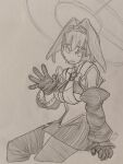  1girl absurdres bow bow_earrings breasts chain chain_headband clothing_cutout earrings fanged_bangs graphite_(medium) hair_intakes halo hatching_(texture) highres hololive hololive_english jewelry long_sleeves mechanical_halo mechanical_pencil monochrome open_mouth ouro_kronii ouro_kronii_(1st_costume) paper_background pencil photo_(medium) pinstripe_pattern pinstripe_shirt ribbon_earrings self-upload sergent_magnom shirt simple_background sketch skirt smile solo traditional_media underboob_cutout virtual_youtuber 
