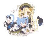  >_< 2girls :d asymmetrical_legwear bird black_bow black_bowtie black_capelet black_flower black_hat black_pantyhose black_rose black_shoes blonde_hair blue_hair blue_necktie blue_skirt bonnet bow bowtie braid braided_hair_rings capelet commentary deerstalker deformed dress fang flower footwear_bow frilled_capelet frilled_dress frilled_skirt frilled_sleeves frills green_bonnet green_eyes hair_bow hair_flower hair_ornament hair_rings hat hat_bow lolita_fashion long_hair long_sleeves mahou_shoujo_no_majo_saiban mistyhama multiple_girls necktie open_mouth pantyhose rose shirt shoes short_hair simple_background single_leg_pantyhose skin_fang skirt smile socks tachibana_sherry tono_hanna tulip twintails untranslatable_commentary white_background white_bow white_flower white_rose white_shirt white_socks white_tulip wide_sleeves winged_hat yellow_flower yellow_rose 