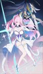  2girls absurdres aemeath_(exostrider_armament)_(wuthering_waves) aemeath_(wuthering_waves) ahoge bare_shoulders boots breasts cleavage commentary dual_persona duckycereal elbow_gloves full_body gloves hair_ornament highres large_breasts leotard long_hair multiple_girls orange_eyes pink_hair ponytail showgirl_skirt skirt sky smile star_(sky) starry_sky tacet_mark_(wuthering_waves) thigh_boots white_gloves white_leotard white_skirt wuthering_waves 
