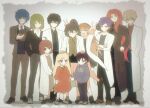  5girls 6+boys ahoge ayin_(project_moon) benjamin_(project_moon) black_hair black_pants black_shirt black_skirt blonde_hair blue_eyes blue_hair brown_coat brown_hair brown_jacket brown_necktie brown_pants carmen_(project_moon) child closed_eyes closed_mouth coat collared_shirt commentary_request crossed_arms daniel_(project_moon) double_v dress_shirt elijah_(project_moon) enoch_(project_moon) everyone gabriel_(project_moon) giovanni_(project_moon) glasses green_eyes green_hair group_picture hair_between_eyes hair_ornament hand_in_pocket hand_on_another's_head hands_in_pockets hat high_ponytail highres holding holding_unworn_clothes holding_unworn_hat jacket kali_(project_moon) lab_coat lapels lisa_(project_moon) lobotomy_corporation long_hair long_sleeves looking_at_viewer medium_hair michelle_(project_moon) multiple_boys multiple_girls necktie open_clothes open_coat open_mouth oversized_clothes oversized_shirt pants parted_bangs pencil_skirt ponytail project_moon purple_hair red_hair red_necktie shirt shoes short_hair skirt smile standing sun_nebulaa sweater unworn_hat unworn_headwear v very_long_hair vest white_coat white_shirt yellow_eyes 