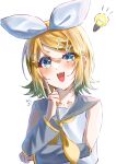  1girl blonde_hair blue_eyes bow breasts detached_sleeves fang finger_to_cheek grey_sailor_collar grey_sleeves hair_bow hair_ornament hairclip highres idea kagamine0928 kagamine_rin light_bulb looking_at_viewer neckerchief open_mouth parallel_hairclips sailor_collar shirt short_hair simple_background sleeveless sleeveless_shirt small_breasts solo treble_clef upper_body vocaloid white_background white_bow white_shirt yellow_neckerchief yellow_trim 