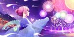  1girl aerial_fireworks alternate_costume alternate_hairstyle bug butterfly crocodile crocodilian earrings fireworks floral_print floral_print_kimono game_asset ghost hair_bun highres hitodama japanese_clothes jewelry kimono lantern market_stall night obi official_art open_mouth outdoors paper_lantern people pink_butterfly print_kimono purple_sash purple_sky river saigyouji_yuyuko sash sky summer_festival third-party_source touhou touhou_lostword translation_request uruu_gekka white_kimono 