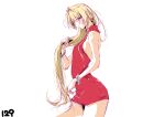  1girl absurdres aucufeo backless_outfit blonde_hair blue_eyes blush bracelet breasts commentary dress hair_intakes hand_up highres holding_own_hair jewelry long_hair looking_at_viewer medium_breasts ouzuka_mai red_dress ring sideboob simple_background solo untranslatable_commentary very_long_hair watashi_ga_koibito_ni_nareru_wake_naijan_murimuri! white_background 