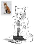  1girl ahoge animal animal_ear_fluff animal_ears arknights chinese_commentary choker clipboard closed_mouth commentary_request fox fox_ears fox_girl fox_tail full_body greyscale hands_on_own_legs highres jacket jiguang_(aurora) looking_at_viewer material_growth monochrome oripathy_lesion_(arknights) pantyhose photo-referenced photo_inset reference_inset shirt short_hair simple_background sitting solo sussurro_(arknights) tail white_background 