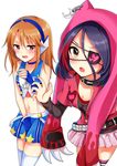  animal_hood bad_id bad_pixiv_id belt blue_hair blush cat_hood choker collar collarbone eyepatch fang hayasaka_mirei hood idolmaster idolmaster_cinderella_girls long_sleeves multiple_girls navel open_mouth orange_hair pink_eyes pu_uq short_hair skirt sleeveless star suspenders sweatdrop thighhighs white_background white_legwear yellow_eyes yuuki_haru 